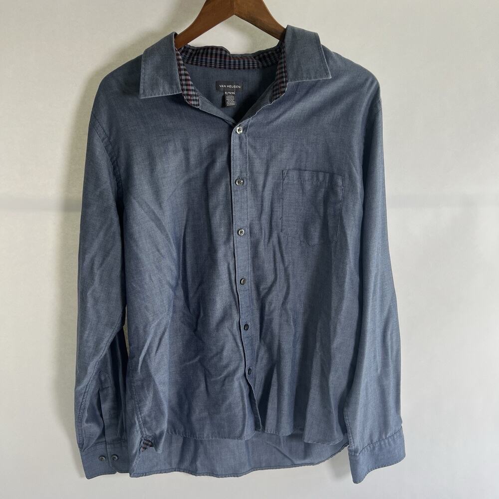 Van Heusen Men's Blue Solid Woven Button-Up Shirt Long Sleeve Pockets XL - Picture 6 of 8